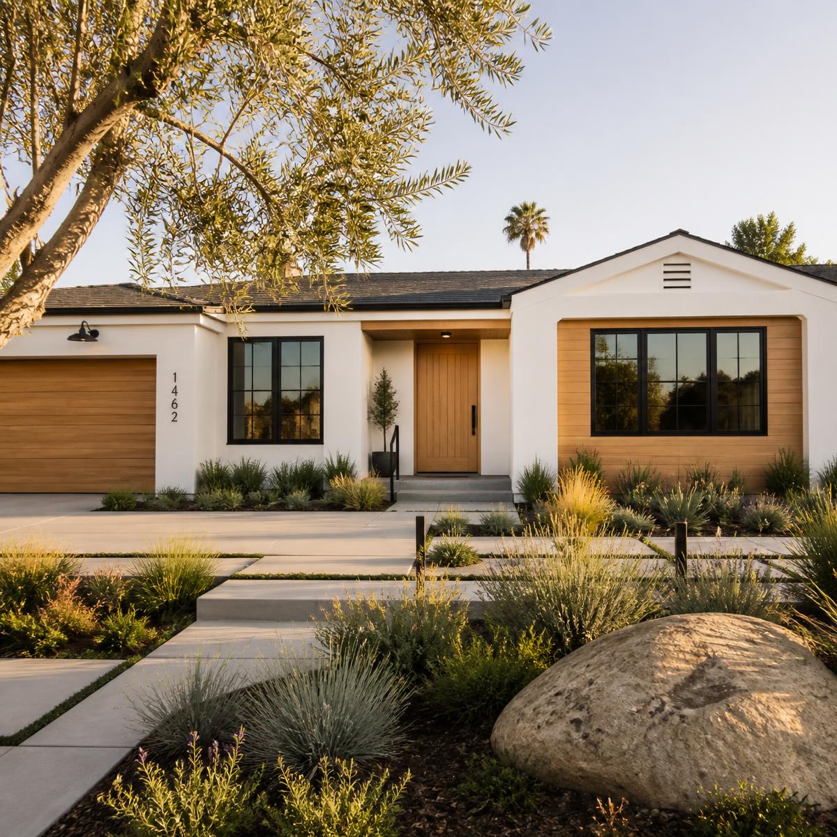 Costa Mesa modern ranch home exterior with drought-tolerant landscaping