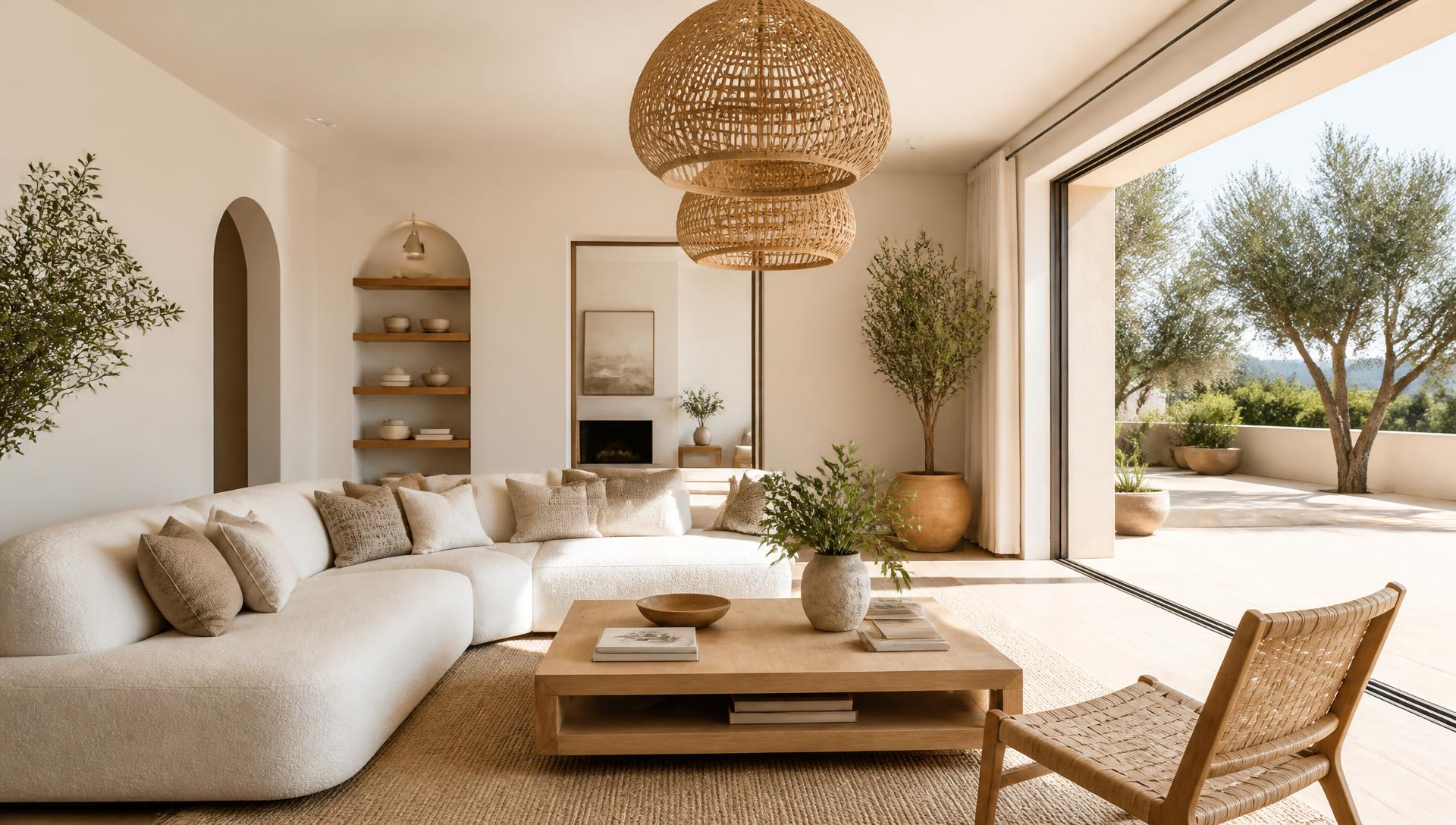Sunlit minimalist Orange County living room opening onto a terrace with olive trees